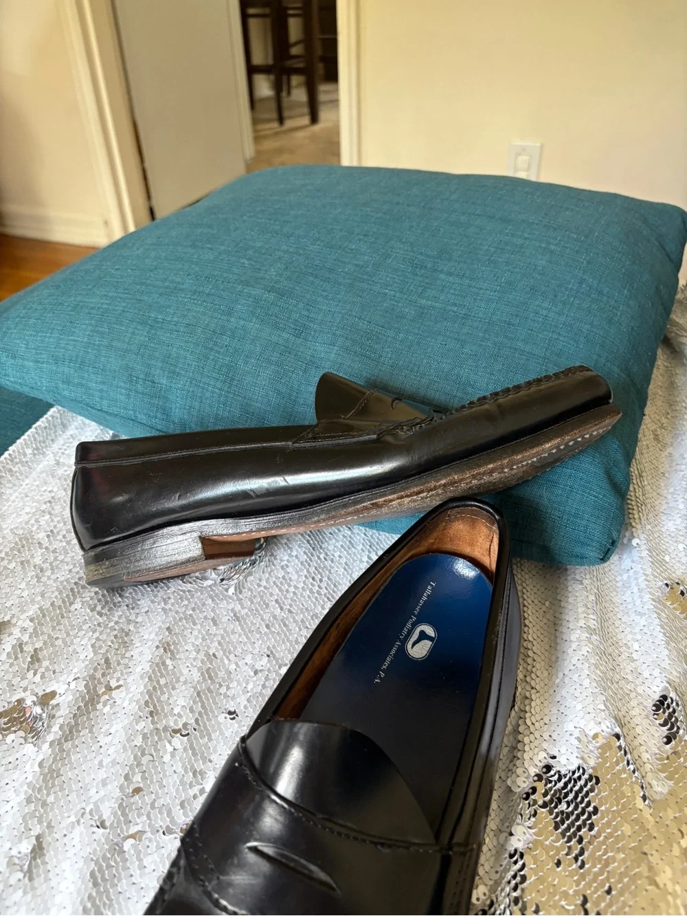 Bass Black Leather Penny Loafers with Blue Insoles